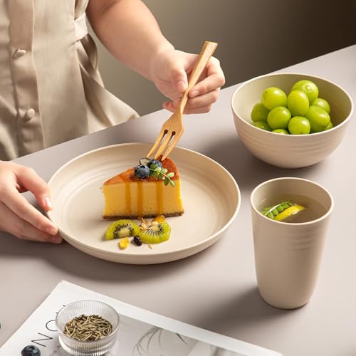 18PCS Wheat Straw Dinnerware Sets Kitchen Dinnerware Set Unbreakable Cups Plates and Bowls Set Lightweight Dish Set Microwave and Dishwasher Safe Dishes