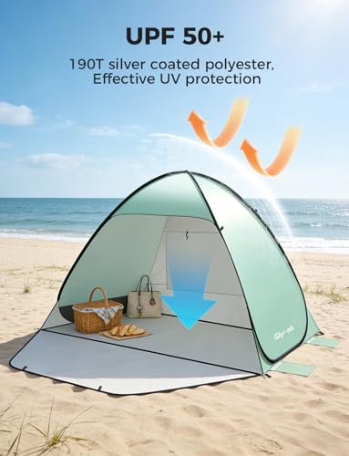 Glymnis Pop Up Beach Tent Beach Shade Tent for 1-4 Persons Sun Shelter UPF 50+ Enclose Zipper Door Portable Easy Up Beach Tent - style: Green for 3-4 Person