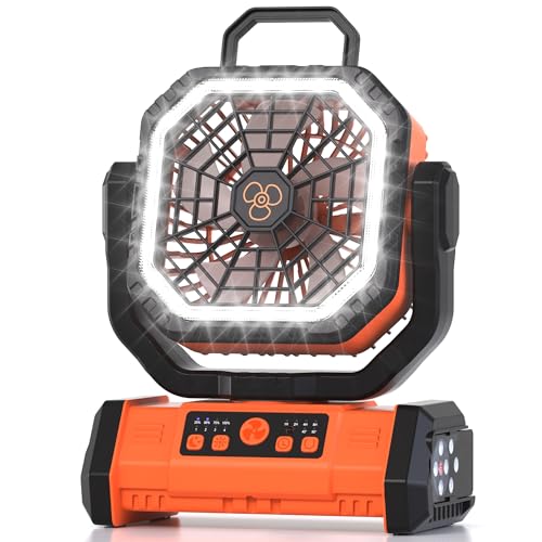 Honesorn Portable Rechargeable Fan 20000mAh, Camping Fan with LED Light & Remote, USB C Cordless Battery Powered, 4 Speeds Timer Hanging Hook for Travel Tent Outdoor Essentials - Orange - color: Orange