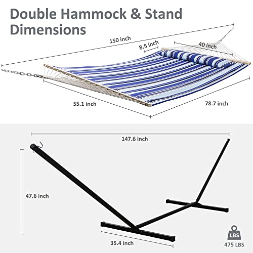 SUNCREAT Two Person Hammock with Stand Heavy Duty, Free Standing Hammocks Outdoors for 2 Person, Max 475lbs Capacity, Blue Stripes - color: Navy&light Blue, size: 12 ft Stand