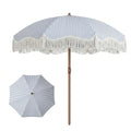 7ft Patio Umbrella with Fringe, Boho Beach Umbrellas, Outdoor Tassels Umbrellas with Push Button Tilt & Carrying Bag, 8 Windproof Fiberglass Ribs, UPF50+ - color: Blue & White Stripe