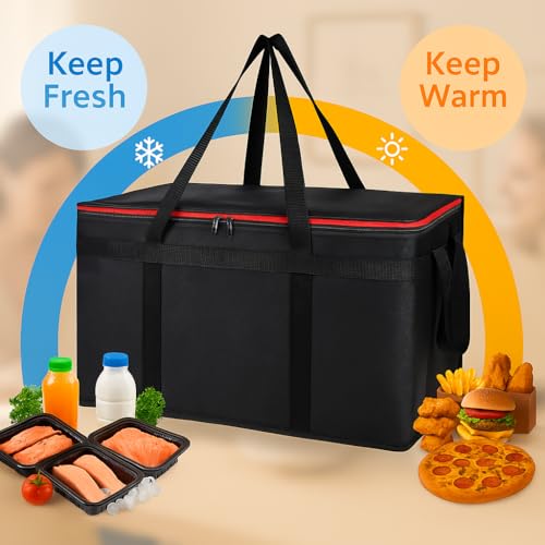 Bodaon XXXL Insulated Food Delivery Bag with Hard Bottom & 6-Cup Drink Carrier, Professional Pizza Delivery Bag for Commercial Catering, Thermal Frozen Grocery Bags, Heavy-Duty Hot Cold Carrier - color: Black-red Bag with Drink Carrier, size: 23" x 14" x