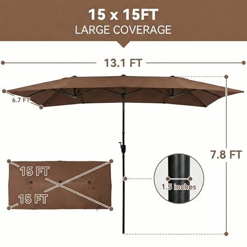 15×15ft Outdoor Patio Umbrella, Double Sided Market Rectangle Umbrella with Crank Handle, Large Sun Shade for Outside Deck, Backyard, Garden - color: Brown