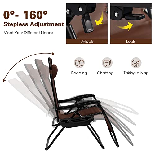 Goplus Zero Gravity Lounge Chairs, 160°Adjustable Folding Recliner w/Pillow and Cup Holder, 350LBS Comfy Outdoor Lounge Chairs for Patio, Lawn, Yard & Camp(Set of 2, Brown) - color: Brown, size: 35.4" x 25.2" x 43.3" (Set of 2)