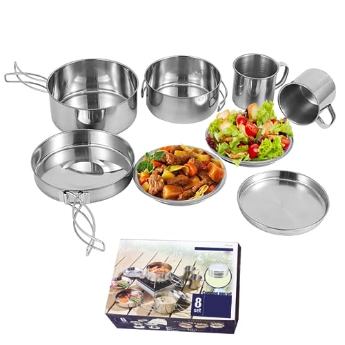Camping Cooking Set 8PCS Stainless Steel Camping Cookware Portable Cooking Pot and Pan Set with Plates Cups for 5-6 Adults Outdoor Hiking Picnic BBQ, Camping Pots and Pans Set