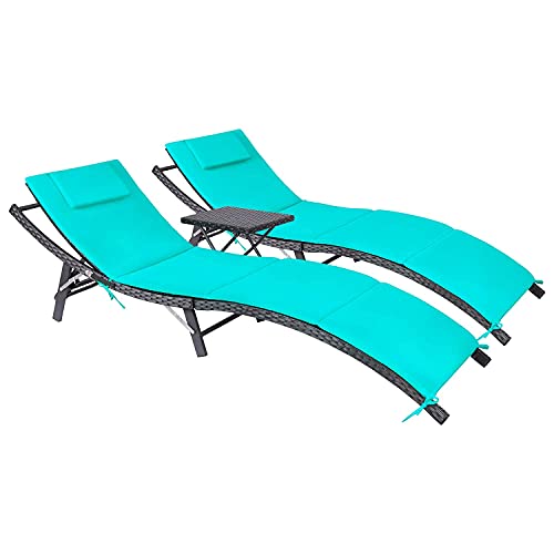 Devoko Patio Chaise Lounge Sets Outdoor Rattan Adjustable Back 3 Pieces Cushioned Patio Folding Chaise Lounge with Folding Table (Blue) - color: Blue