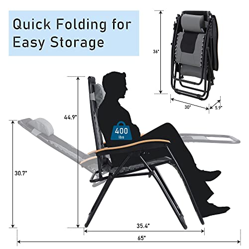 PHI VILLA XXL Oversized Padded Zero Gravity Chair Set of 2, Foldable Patio Recliner, 30" Wide Seat Anti Gravity Lounger with Armrest and Cup Holder, Support 400 LBS (Grey) - color: Grey, style: 2 Pcs
