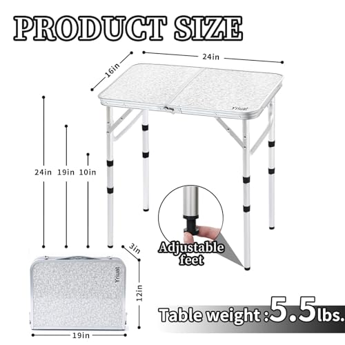 Yriuat Folding Camping Table 2ft Portable Pinic Table Adjustable Height Small Card Table Aluminum Foldable Lightweight with Carry Handle for Outdoor Indoor Hiking Camp BBQ Beach - color: Sage Gray, size: 24"l X 16"w X 24"h