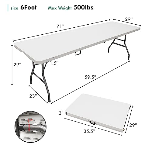 AJP Distributors 6 Foot Portable Plastic Folding Table 6FT 72" Half Foldable Heavy Duty Top w/Carry Handle - Indoor Outdoor Backyard Camping Picnic BBQ Party Wedding Dining Office Event Meeting White - color: White, size: 6 Foot