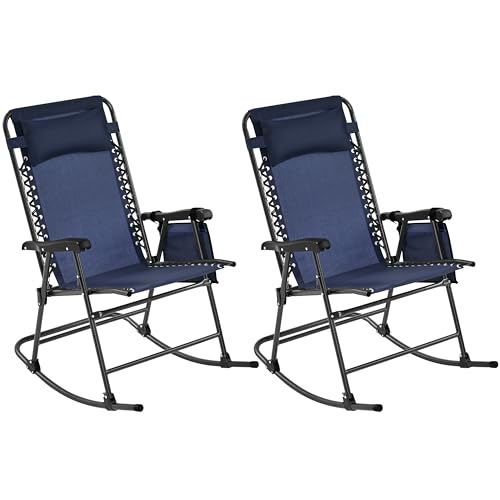 Yaheetech 26in Rocking Chair Outdoor Zero Gravity Folding Chairs Rocking Chairs Foldable Outdoor Lounge Chair for Outside Lawn with Cupholder/Pillow Ergonomic Design for Rest, Navy Blue, Set of 2 - color: Navy Blue, size: 2 Pcs