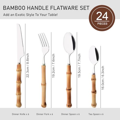 Bamboo Handle Silverware Set, 24-Piece Flatware Set for 6, Stainless Steel Cutlery Eating Utensils Include Forks Spoons and Knives for Daily Use and Party, Reusable and Modern Design - color: 24-Piece Service for 6