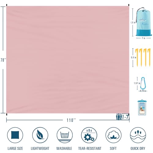 Famstar Beach Blanket Sandproof Waterproof 78''81'' 1-5 Adults Oversized, Compact Lightweight Durable 210T Polyester Beach Mat for Travel Camping Hiking Picnic - color: Pink, size: 78''×110''