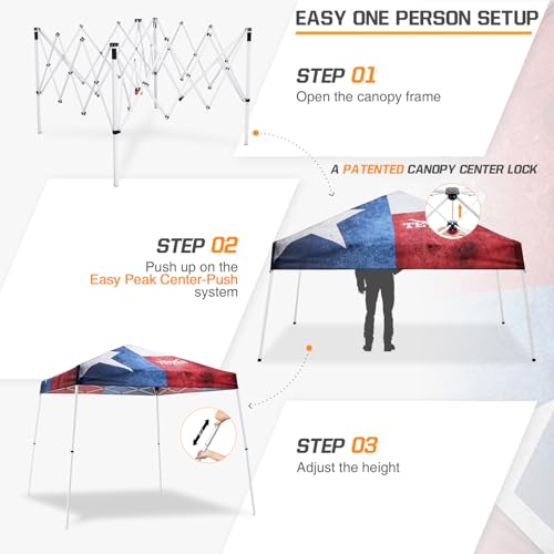 EAGLE PEAK 10x10 Slant Leg Pop-up Canopy Tent Easy One Person Setup Instant Outdoor Beach Canopy Folding Portable Sports Shelter 10x10 Base 8x8 Top (Texas Pride) - color: Texas Pride, size: 10x10