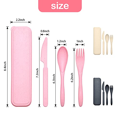 Reusable Travel Utensils Set with Case, 3 Sets Wheat Straw Portable Knife Fork Spoons Cutlery, Eco-Friendly BPA Free Plastic Tableware for Kids Adults Travel Picnic Camping Utensils - color: 3 Sets - Beige, Pink, Black