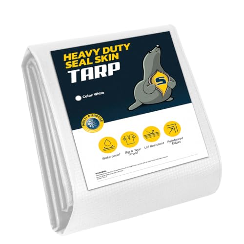 Seal Skin Covers Heavy Duty Waterproof Tarp 10x20 FT, 16 Mil 8 OZ 160 GSM Thick White Poly Tarp with Rustproof Grommets, Tear-Proof Cover with Reinforced Edges for Camping, Pool, Canopy Use - color: White, size: 10' X 20'