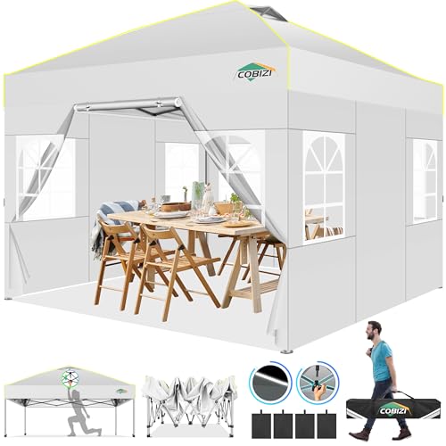 COBIZI 10x10 Pop up Canopy Tent with Sidewalls, One Push Setup, Waterproof & UV 50+ Outdoor Commercial Event Gazebo with Air Vent, Reflective Strip, 4 Sandbags Tents for Parties/Backyard/Camping,White - color: White(1-year warranty), size: 10x10