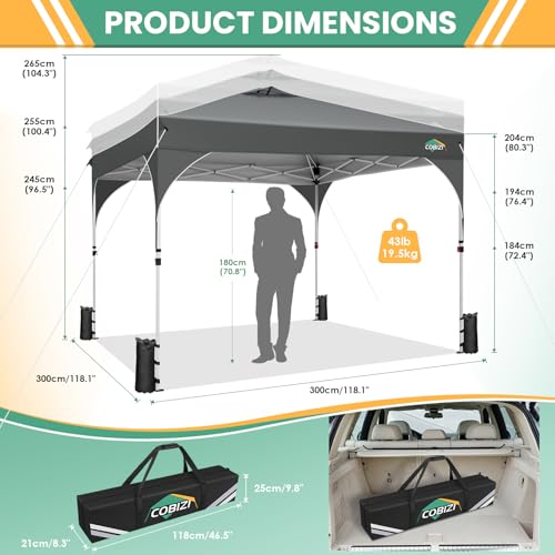 COBIZI 10x10 Pop Up Canopy Tent, Outdoor Party Tent with 3 Sidewalls, 1 Person Easy Set up, Tents for Parties with Fluorescent Strip & 4 Sandbags, Waterproof UPF50+, 3 Adjustable Height, Gray - color: Gray, size: 10x10FT