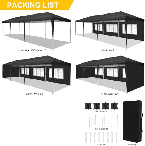 COBIZI 10x30 Pop Up Canopy Tent with 5 Sidewalls Party Tents for Parties Wedding Backyard Waterproof Outdoor Commercial Canopy Event with Sandbags, Black - color: BLACK, size: 10x30FT with 5 sidewalls