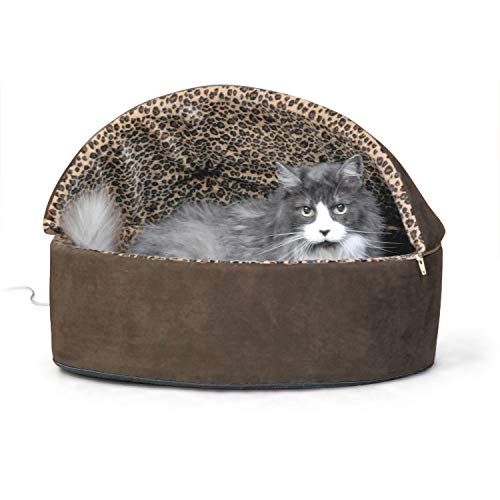 K&H Pet Products Thermo-Kitty Bed Deluxe Heated Cat Bed for Large Kitties - Indoor Heated Pet Bed for Dogs & Cats, Covered Cave Pet Tent, Machine Washable, Safety Listed - Large 20in Mocha/Leopard - color: Mocha, size: Large 20 Inches 4 Watts