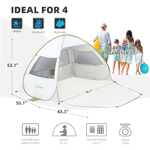 EchoSmile Pop Up Tent for 4 Person Family, Beach Tent Sun Shelter with UPF 50+ UV Protection & Waterproof, Lightweight & Easy Automatic Setup Portable Cabana for Outdoor Travel (Green) - color: Green