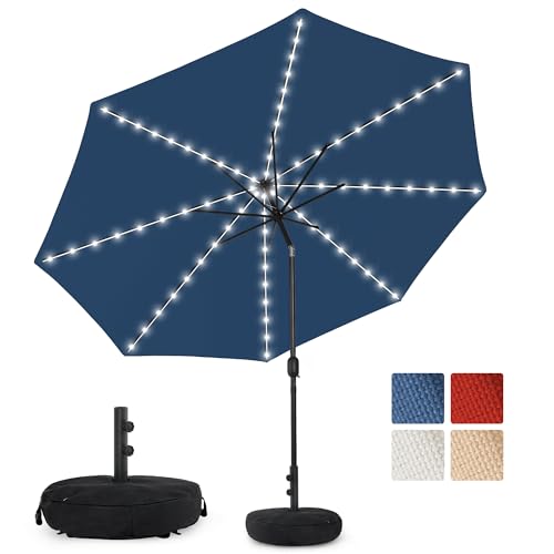 Sundale Outdoor Olefin 5-Year-Non-Fading Solar 80 LED 9 FT Solar Patio Umbrella with Sand Bag Base, Outdoor Umbrella with Tilt and Crank, Navy - color: Navy Blue, size: 9FT
