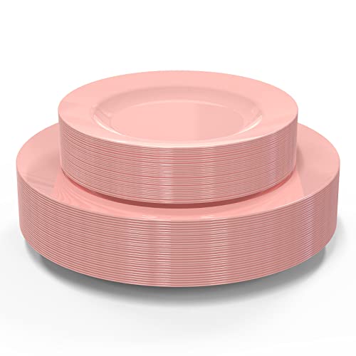 POSATE Plastic Plates Disposable 60 PCS, Heavy Duty 30 Dinner Plates 10.25" and 30 Dessert Plates 7.5" for Party, Pink - color: Pink