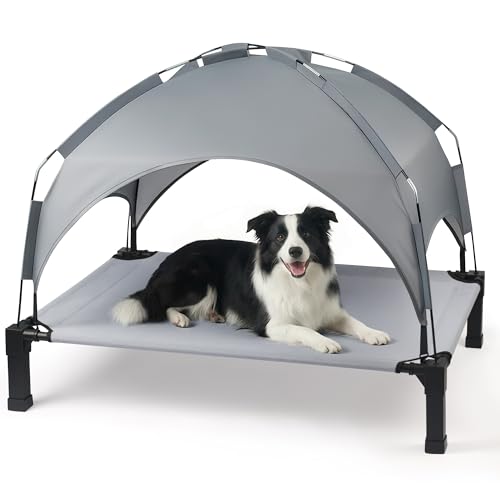 Heeyoo Elevated Dog Bed with Removable Canopy, Portable Dog Cot with Sun Protection Shade Tent, Raised Pet Cooling Cot Bed for Dogs, 42in - color: Grey, size: 42"L x 30"W x 8.4"H