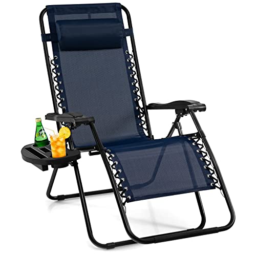 Giantex Zero Gravity Reclining Chair, Outdoor Patio Recliner with Cup Holder & Removable Pillow, Adjustable Backrest, Indoor Lounge Chair for Backyard, Garden, Poolside (Navy) - color: Navy, size: 1 Count (Pack of 1)