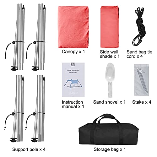 Beach Canopy Tent Shade with Sidewalls 10x10FT, 6.6FT Tall, UPF50+ Sun Shelter, Windproof & Water Resistant, Includes Guylines Sand Shovel Stability Poles, Easy Up for Beach Outdoor Camping Backyard - color: Orange