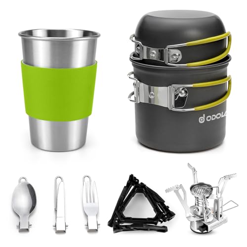 Odoland Camping Cookware Stove Carabiner Canister Stand Tripod and Stainless Steel Cup, Tank Bracket, Fork Spoon Kit for Backpacking, Outdoor Camping Hiking and Picnic - color: Green
