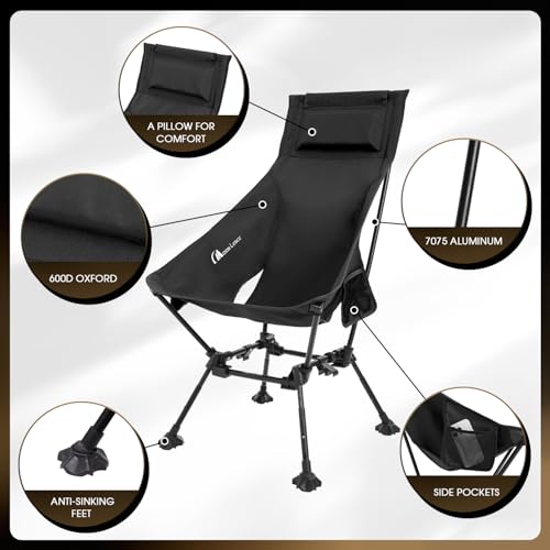 MOON LENCE High Back Folding Camping Chairs, Height-Adjustable, Widened Seat, for Beach with Anti-Sinking Feet - color: New Black With Feet 1 Pack