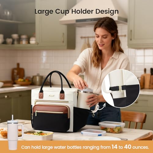 LOVEVOOK Insulated Lunch Bag Women,Wide Opening Adult Lunch Box Women,Large Leakproof Cooler Bag for Work Picnic Beach Family College,Lunch Teacher Tote Bag with Adjustable Shoulder Strap Cup Holder - color: Black with Off White with Brown, size: Large —1