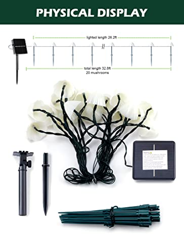 Solar Mushroom Garden Lights for Outside, 20 LED 32.8FT Solar Pathway Lights Outdoor Waterproof for Fence with 8 Lighting Modes for Patio Yard Decorative - style: Mushroom