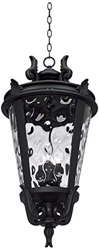 John Timberland Casa Marseille European Outdoor Hanging Ceiling Light Textured Black Scroll 30" Clear Hammered Glass Damp Rated for Exterior House Porch Patio Outside Deck Garage Front Door Home - color: Black, size: 30" High