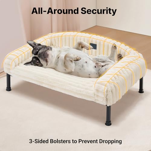 Veehoo Elevated Dog Bed with Bolster Cushion, Fluffy Plush Dog Couch Beds for Small Dogs, Cats, Washable Raised Pet Cot with Non-Slip Feet for Indoor or Patios Use, 30 x 20 Inches, White - color: White, size: 30.0"l X 20.0"w X 8.3"th