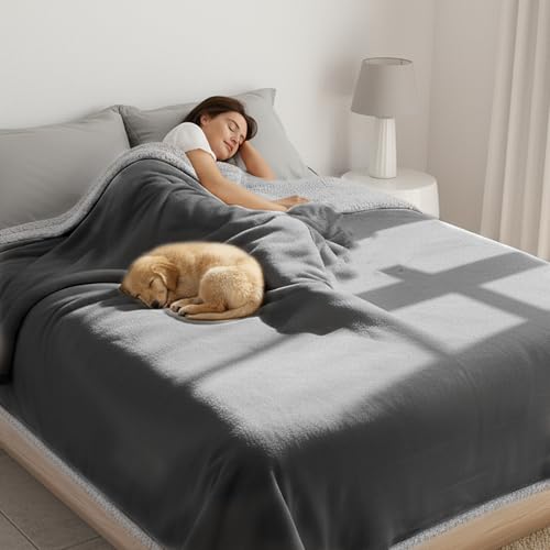 Makigued Waterproof Dog Blanket for Couch & Bed, Reversible Sherpa Fleece Pet Throw with Quiet TPU Barrier, Machine Washable Furniture Protector for Large Dogs & Cats, Queen Size 80x90 Inch, Gray - color: Gery, size: Queen(80"*90")