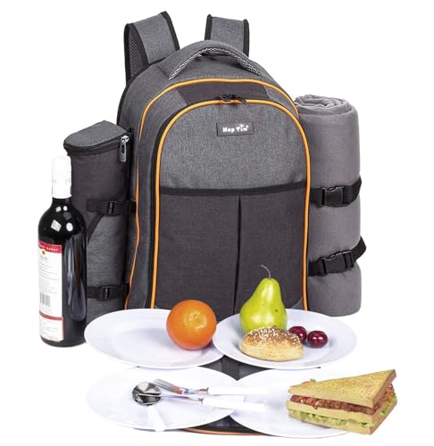 Hap Tim Picnic Basket Backpack for 4 Person with Insulated Cooler Compartment, Wine Holder, Fleece Blanket, Cutlery Set, Engagement Gifts for Couples, Bridal Shower Gift, Wedding Gifts(36021) - color: Dark Grey, size: 4 Person