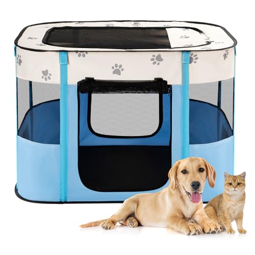 Avont Portable Dog Cat Playpen, Foldable Pop Up Pet Play Pen Travel Crate with Floor and Mesh Door Top for Indoor Outdoor Collapsible Tent Cage -L, Blue - color: Blue, size: L (36"×28"×24")