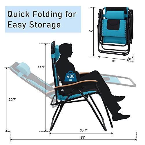 PHI VILLA XXL Oversized Padded Zero Gravity Chair Set of 2, Foldable Patio Recliner, 30" Wide Seat Anti Gravity Lounger with Armrest and Cup Holder, Support 400 LBS (Aqua Blue) - color: Aqua, style: 2 Pcs