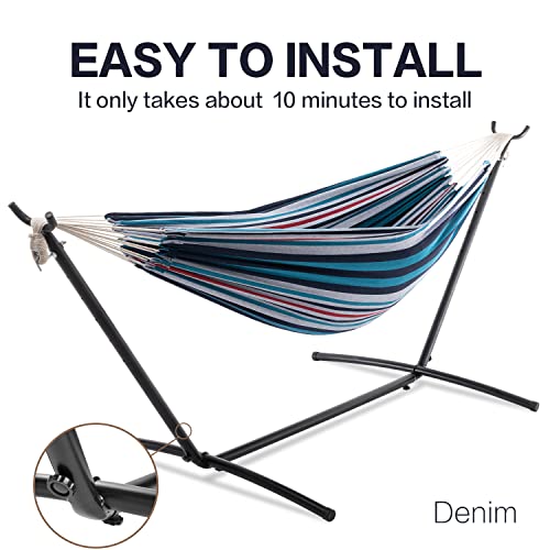 PNAEUT Double Hammocks with Stand for Outside, Portable Space Saving Heavy-Duty Steel Stand for Indoor Outdoor Patio with Carrying Bag, 450 lbs Capacity (Denim) - color: Denim
