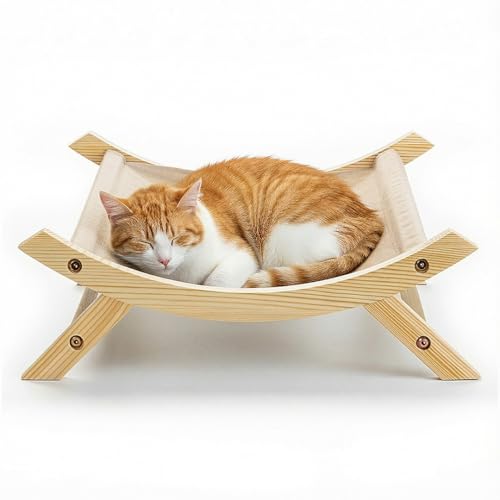 CallieCo Wooden Cat Hammock Bed, Modern Elevated Pet Lounger with Premium Wooden Frame & Breathable Fabric, Stylish Indoor & Outdoor Cat Bed for Cats & Small Dogs - Ivory - color: Ivory