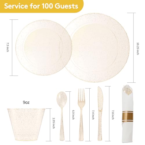 Goodluck 700 Piece Gold Glitter Plastic Dinnerware Set for 100 Guests, Disposable Plates for Party, Include: 100 Dinner Plates, 100 Dessert Plates, 100 Pre Rolled Napkins with Silverware, 100 Cups - color: Gold Glitter, style: 700 Piece (100 guests)