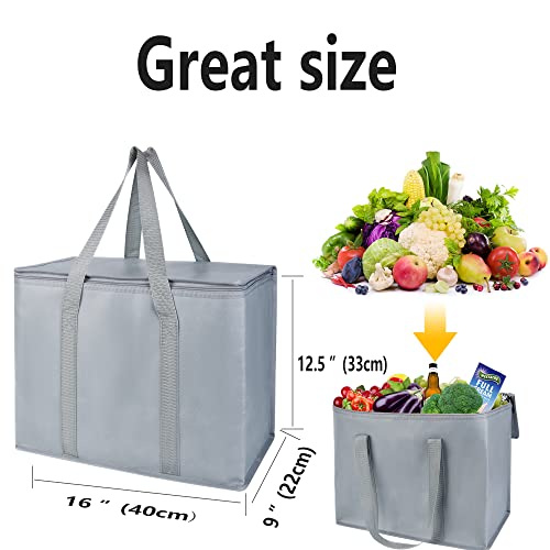 musbus 4 packs insulated trunk organizer car cooler bag XL-Large Insulated Grocery shopping bags, Reusable grey zipped zipper,Collapsible,tote,cooler,groceries,Recycled Material Warm Foldable - color: Grey, size: X-Large（16W x 12.5H x 9D）