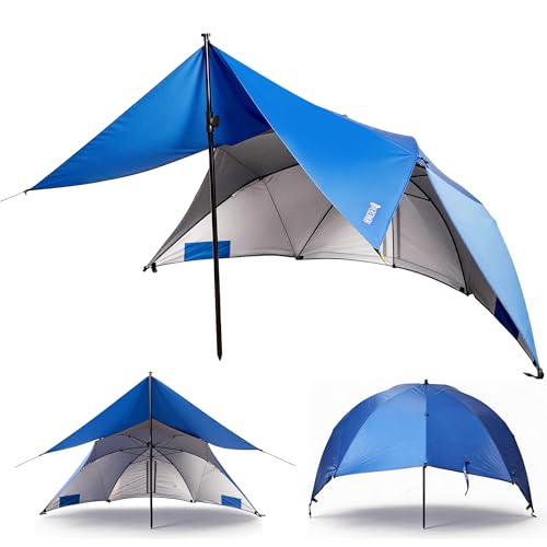 HOMEDEMO Beach Umbrella Tent (9.5ft, Blue) with Fan Canopy, 3-in-1 Umbrella Shade for Beach, Picnic, Bleacher, Sports Games - style: Blue
