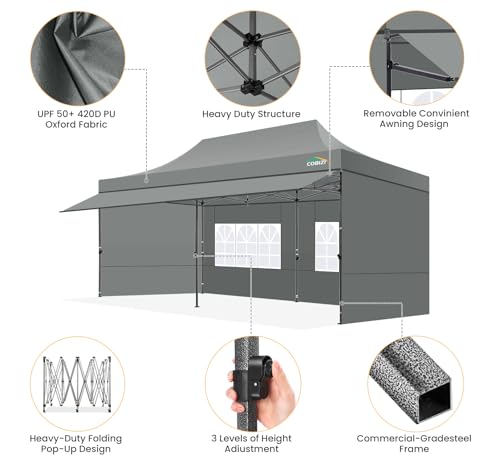 COBIZI 10x20 Pop Up Canopy Tent with Awning & Sidewalls, Heavy Duty Commercial 10X20 Canopy Tents Instant Waterproof, UPF 50+ Sun Shade for Outdoor, Parties, Markets (Gray) - color: Gray, size: 10x20FT with 4 Sidewalls & 1 Awning Cloth