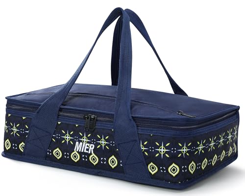 MIER Insulated Casserole Carrier for Hot or Cold Food Thermal Food Carrier Bag for Lasagna Potluck Parties Picnic Cookouts, Fits 9"x13" Baking Dish/Foil Pan, Deep Blue - color: Deep Blue, size: 16 x 10 x 4 inches