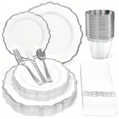 175 Plastic Dinnerware Set Silver Disposable Dinnerware Set for 25 Guests Include 50 Plastic Plates,25 Silverware Set 25 Cups and 25 Napkins for Party Wedding Thanksgiving - color: Silver