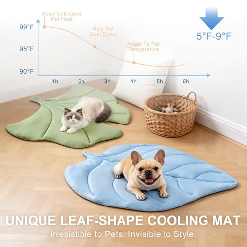 BEAUTYZOO Cooling Mat for Dogs & Cats, Dog Cooling Mat Q-Max>0.4, Double-Sided Pet Cool Pads for Summer, Crate, Kennel, Waterproof Outdoor Cooling Bed, Non-Gel Washable Chill Mats 43"x39" Leaf Shaped - color: Blue Leaf, size: Large
