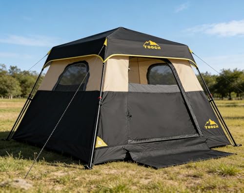 3/4 Person Camping Tent with 1 Door, 4 Windows, and Upgraded Ventilation– Instant Setup, Waterproof, 8'x 8'x 67''Oxford Fabric Floor Pop Up in 60 Seconds Includes Rainfly and Backpack - color: 4 Person Black