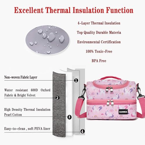 Double Deck Lunch Bag Cooler Insulated Lunch Box Tote 7L Pink Unicorn Bento Bags with Removable Adjustable Strap - color: 7L Pink Unicorn